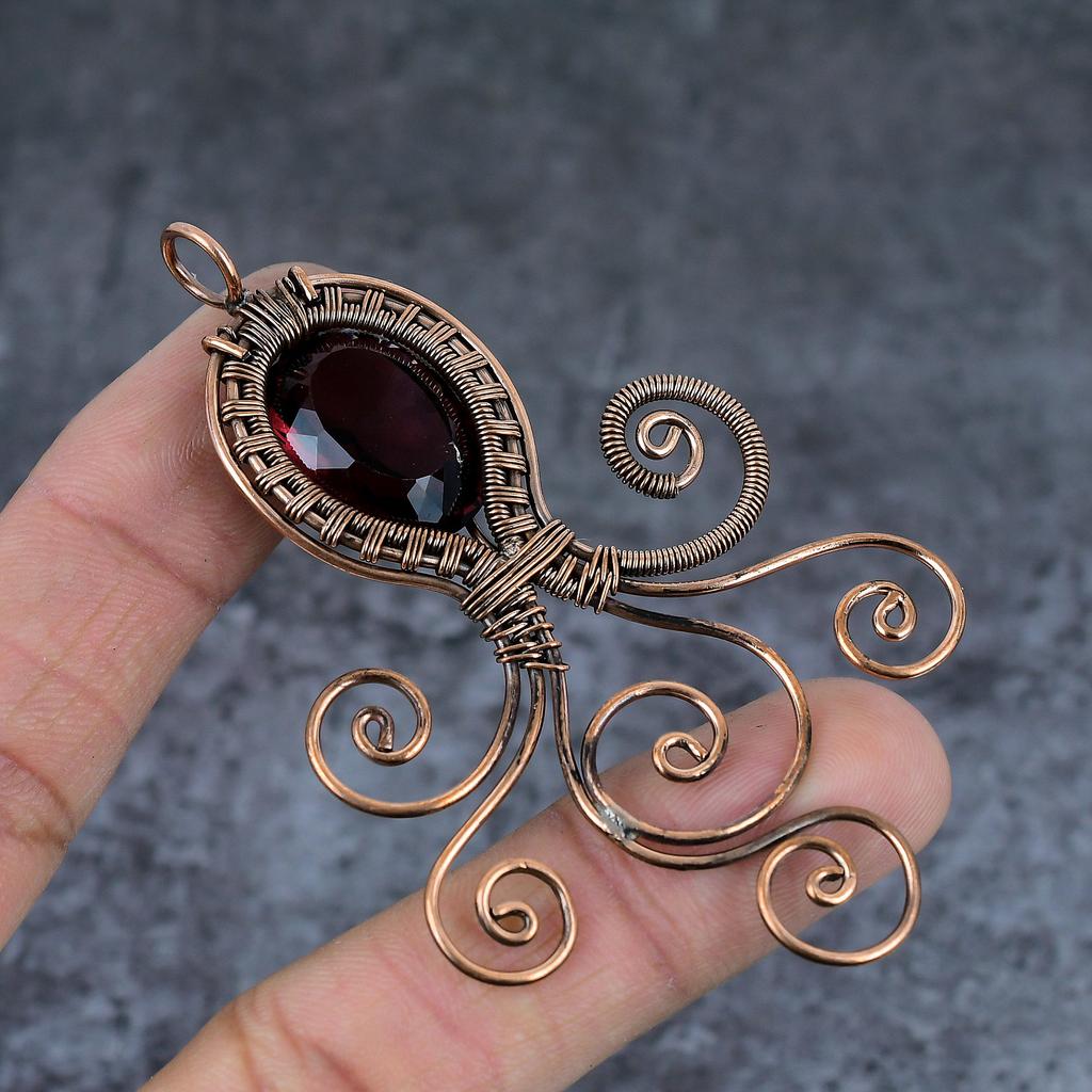 Garnet Handmade Copper Wire Wrap Jewelry Pendant 3.23" V6q57