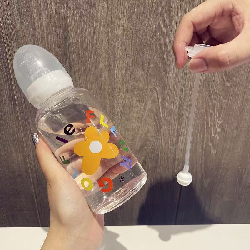 Cute Cartoon Plastic Water Bottle Pacifier Straw Cup Suitable For Adult Children Milk Drinking Bottle Flower Baby Feeding Bottle