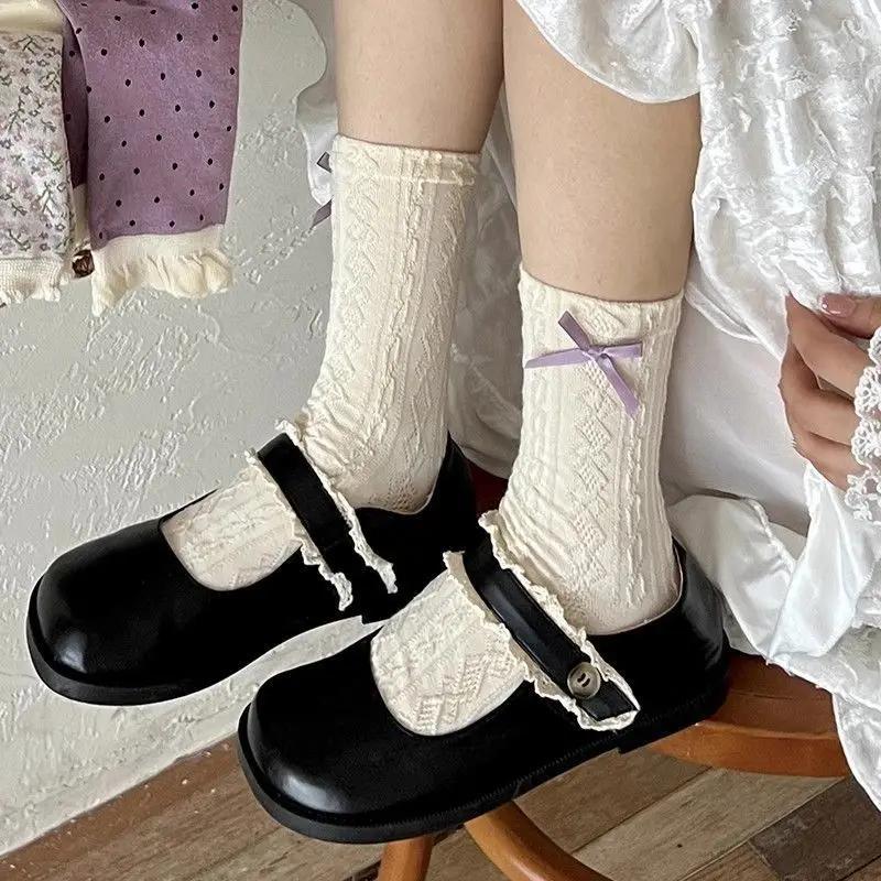 1/3 Purple Floral Socks Children s Middle Socks Autumn Cute White Bow Middle Socks Sweet Retro Lace Socks One Size