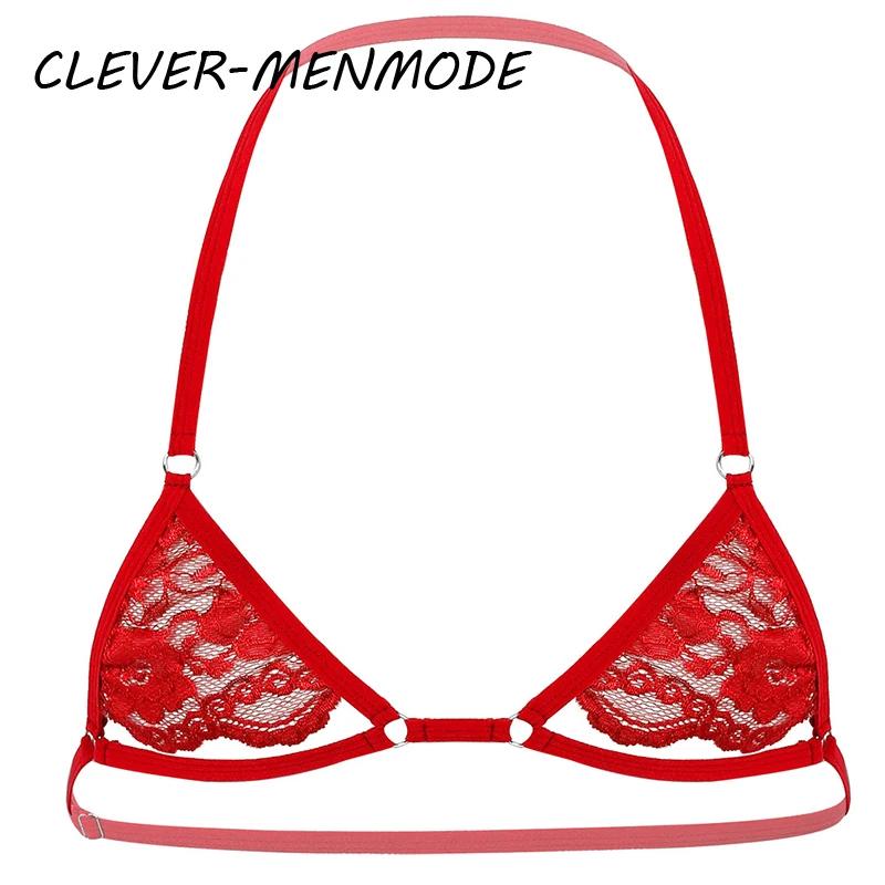 Sexy Mens Sheer Lace Lingerie Exotic Open Bras Gay Sissy Nightwear Halter Neck Adjustable Straps Wire-free Unlined Mini Bra Top