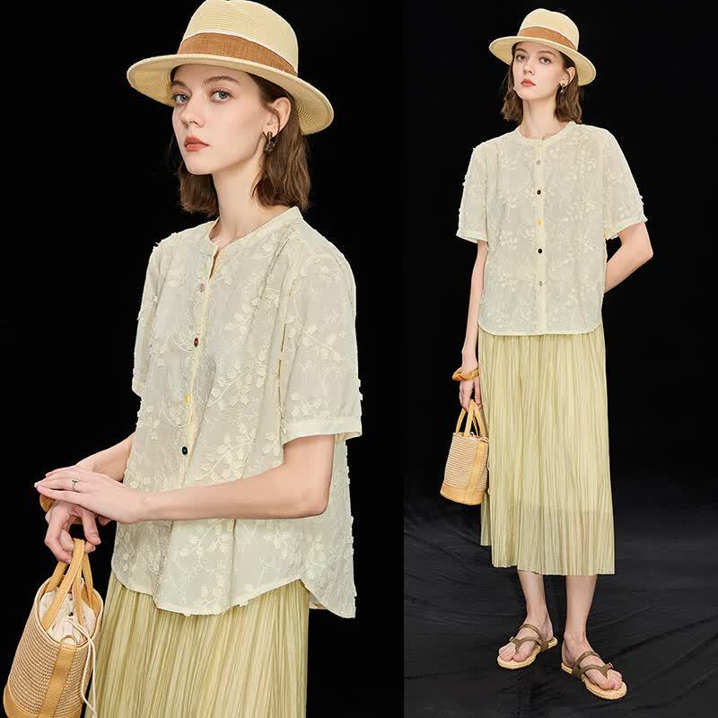 Women s French Style 3D Floral Embroidered Cotton T-Shirt L