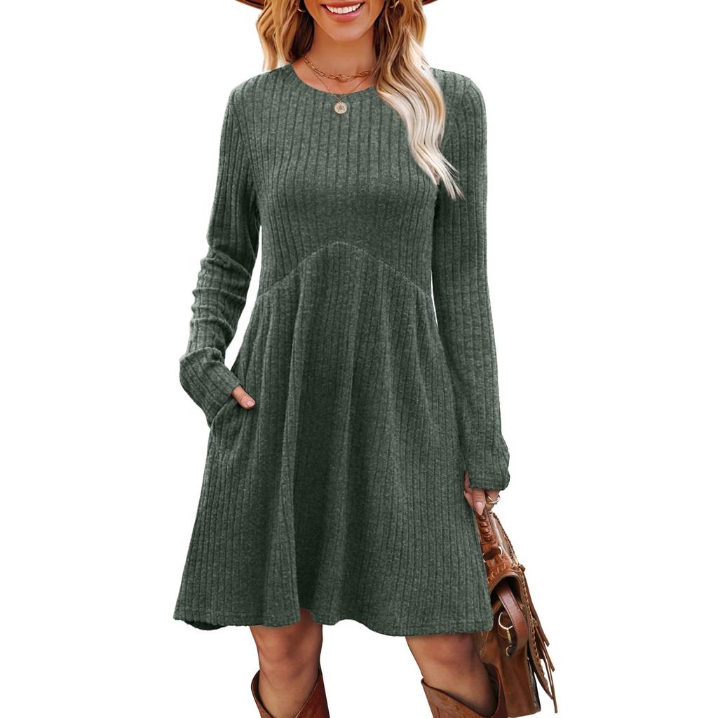 Women's Long-sleeved, Round-neck, High-waisted, Pocketed, Striped Dress