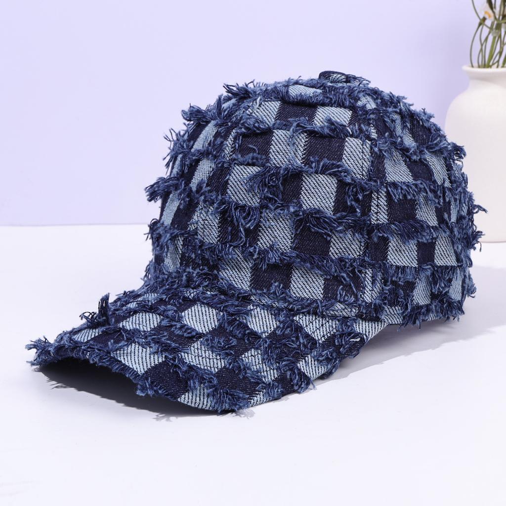Unisex fringed checkered denim baseball cap with fashionable street shading and casual duckbill cap