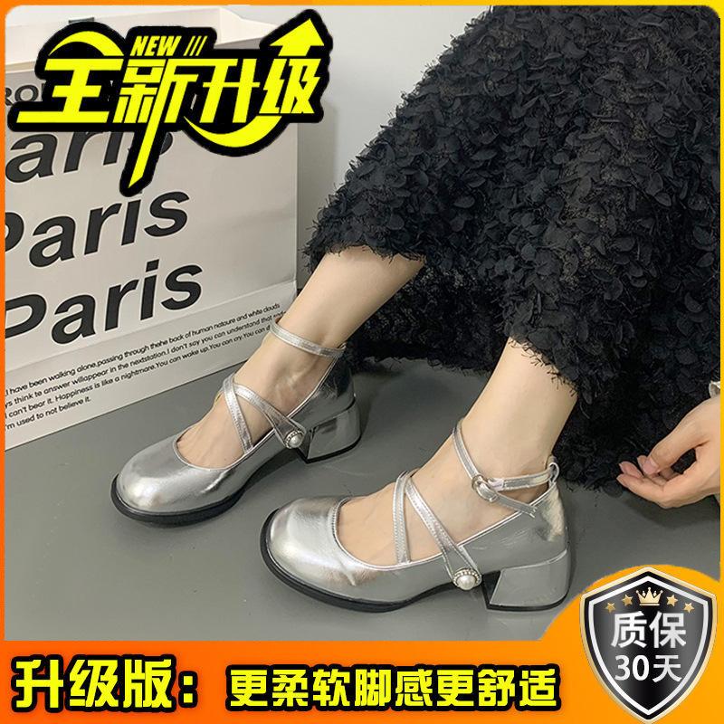 Temperament Pearl Silver Mary Jane Shoes Women's Spring and Autumn French Retro High Heels Cross Buckle Strap Thick Heel Jk Single Shoes
