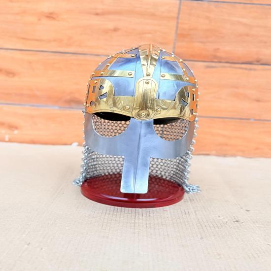 Hand Forged Steel Brass Viking Chainmail Helmet with Stand Armor Halloween Birthday Anniversary Decorative Gift