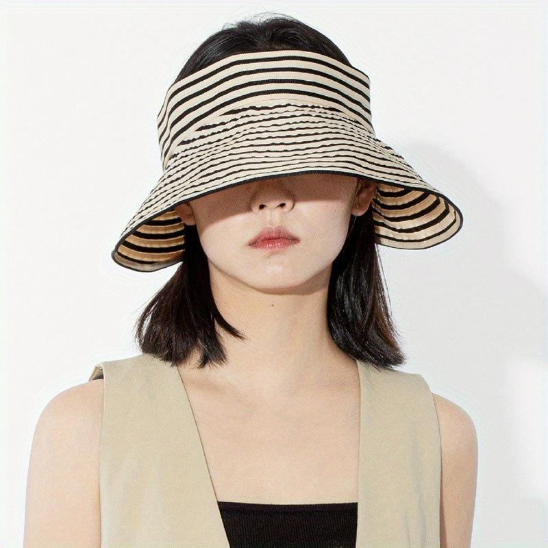 Temperament Versatile Webbing Striped Big Brim Sunshade Sunscreen Bucket Hat Women