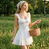 European and American women's summer elegant embroidery fabric pleated halter strap slim A-shaped mini dress