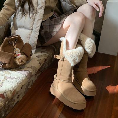 Grape Mother Studiolee Buckle with Thick-soled Fluffy Flanged Thermal Cotton Shoes Medium and Long Snow Boots Women's Winter Models