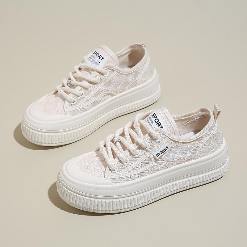 

Little white shoes women s breathable mesh 2025 new popular summer thin biscuit shoes lace mesh shoes thick baseplate shoes 35 бежевый