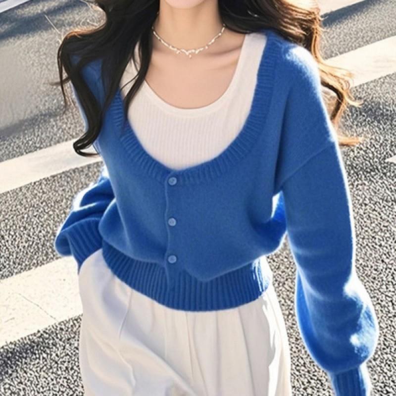 Korean Style Blue Faux Two-Piece Knit Sweater Soft Warm Top Women 2026 Fall Winter Casual Wear