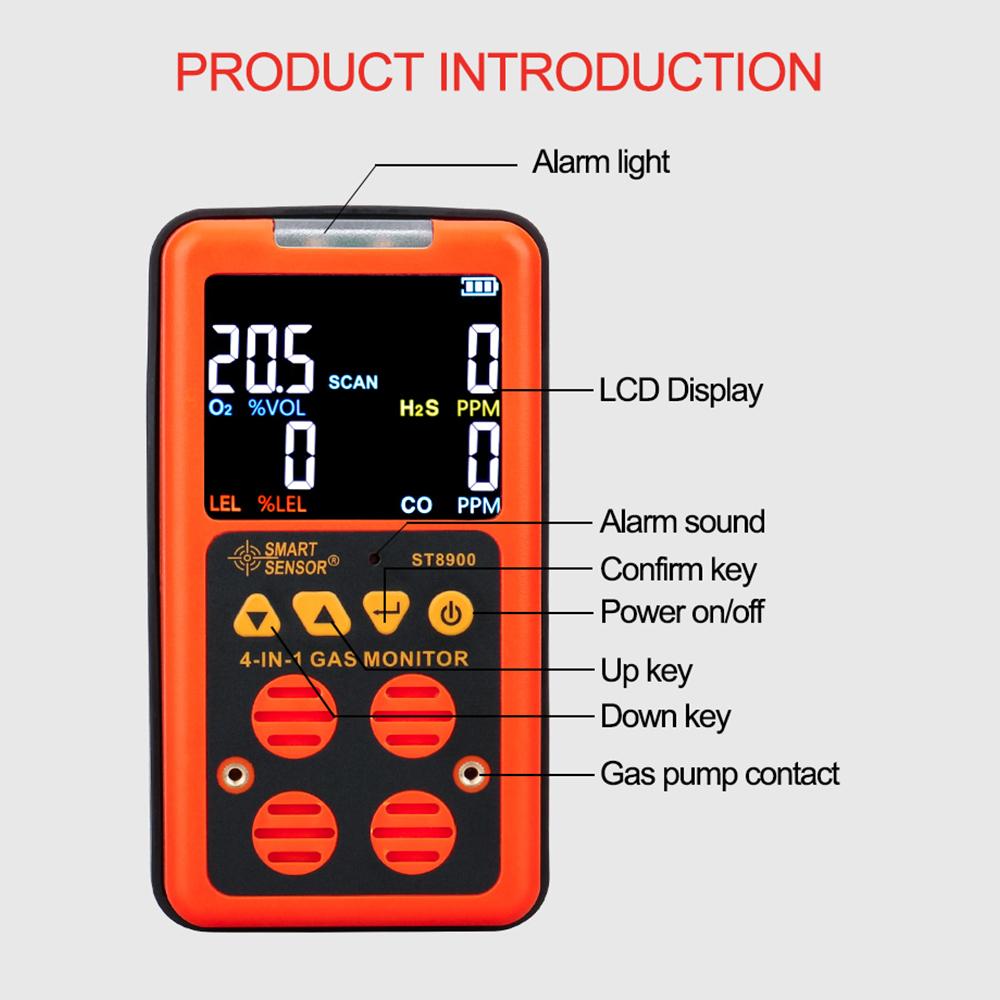 4 in 1 Multi Gas Detector Gas Monitor Oxygen O2 Hydrogen Sulfide H2S Carbon Monoxide CO Combustible Gas LEL Gas Analyzer Meter