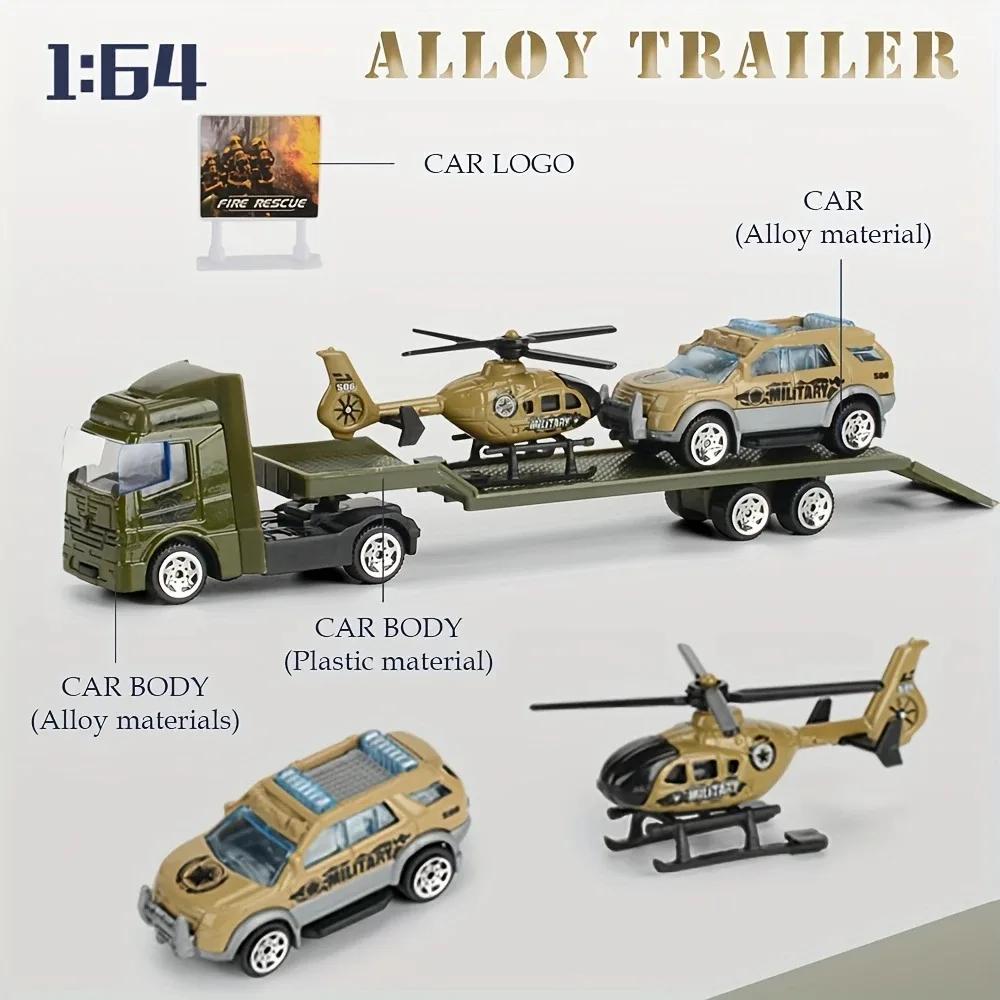 Friction Powered Carrier Truck Toy Push and Go Construction Car Toy Alloy Tow Trailer Trucks Set Gift for Toddlers Boys Girls