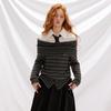 UNIFREE Women's French-Style Striped Off-Shoulder Knit Sweater