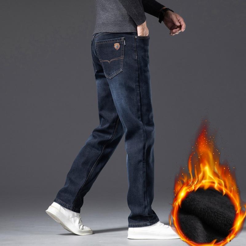 Super silné džíny s plusovým sametem Pánské Zimní Volné Rovné High-end Kalhoty Středního věku Plus Size Zimní Strečové Pánské Kalhoty