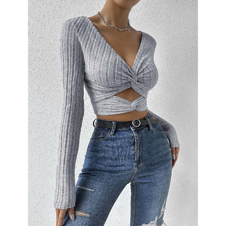 Women'S Sexy V-Neck T-Shirt Autumn And Winter Careful Machine Exposed Navel Slim Fit Short Top