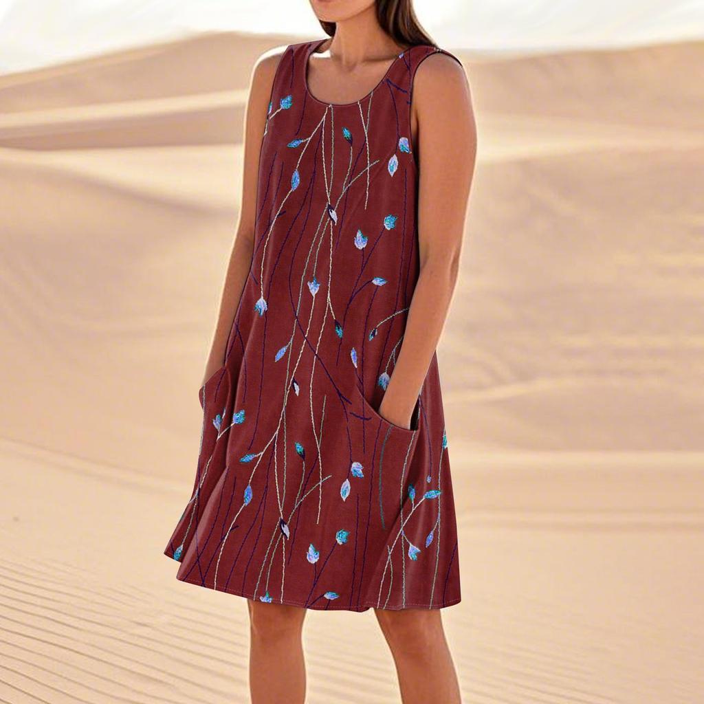 Sommerkleider für Damen, lockerer Strandurlaub, lässig, ärmellos, Sommerkleider mit Taschen, Tankkleid