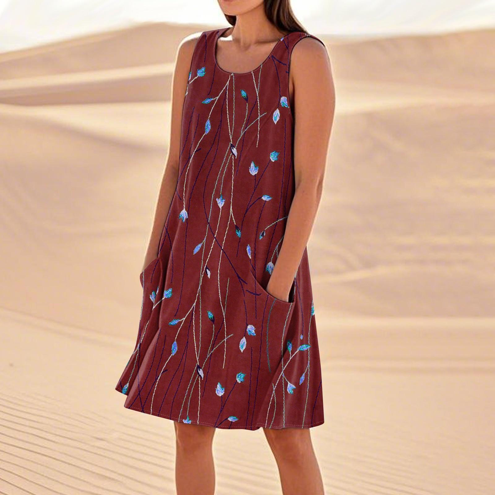 

Summer Dresses For Women Loose Beach Vacation Casual Sleeveless Sundresses With Pockets Tank Dress S винний