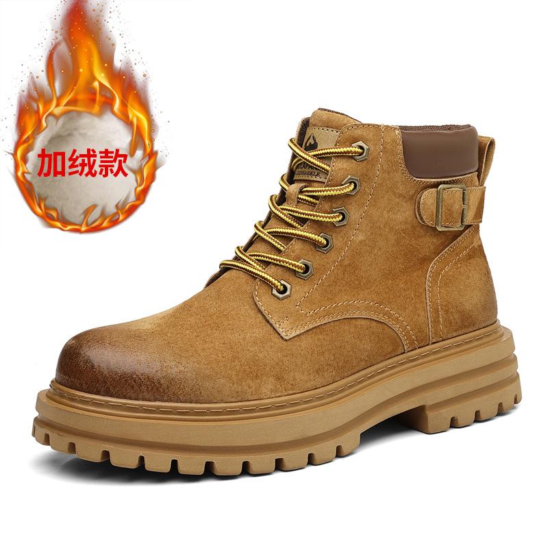 Autumn Winter Buckle Designer Platform Boots for Men New Fashion Casual Work Shoes Male Solid Color Yellow Leather Boots Man