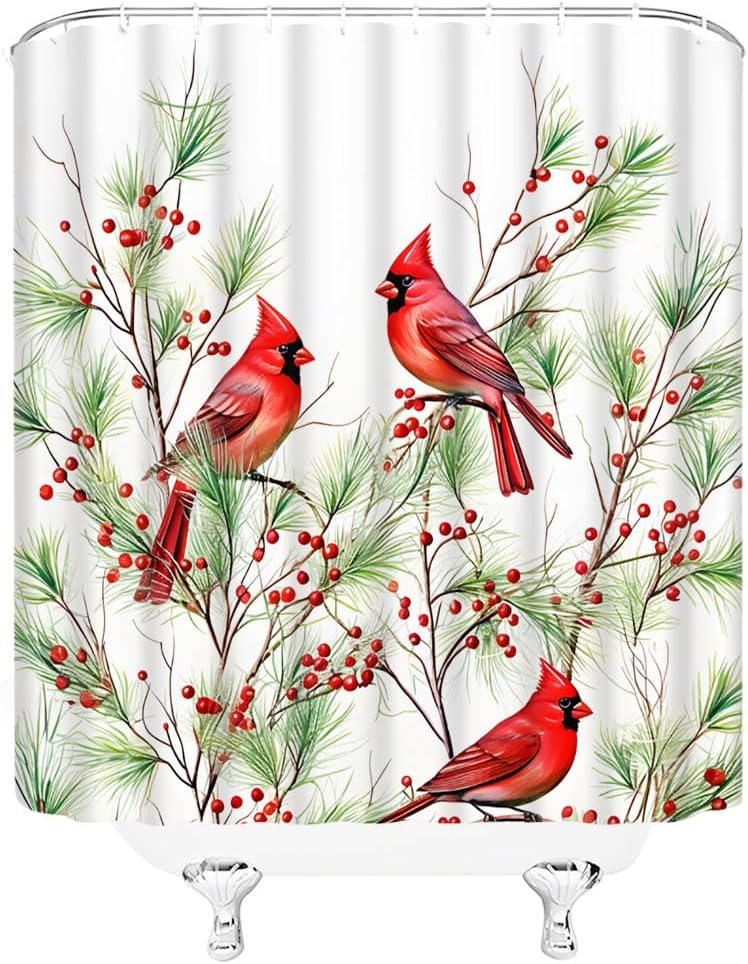 Red Birds Shower Curtain Merry Christmas Xmas Pine Branches Twigs Pinecone Rustic Wild Holiday Happy New Year Festival Ornament