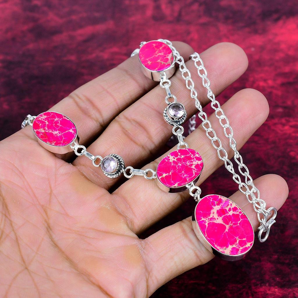 Pink Sea Sediment & Kunzite 925 Solid Sterling Silver Necklace with Adjustable Chain, Handmade Gemstone Jewelry Necklace For Memorial Day