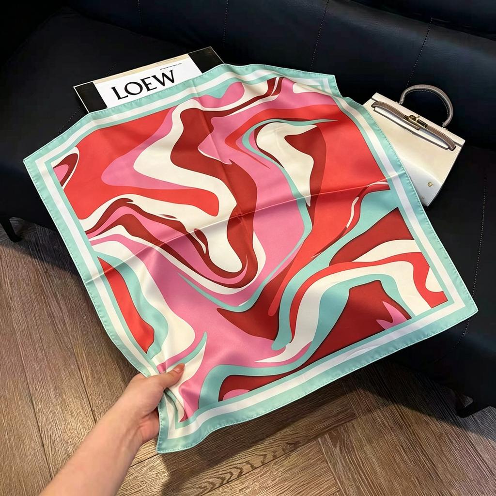 Sen green flower print fresh imitation silk scarf premium versatile square scarf neck protection scarf trendy headscarf scarf women
