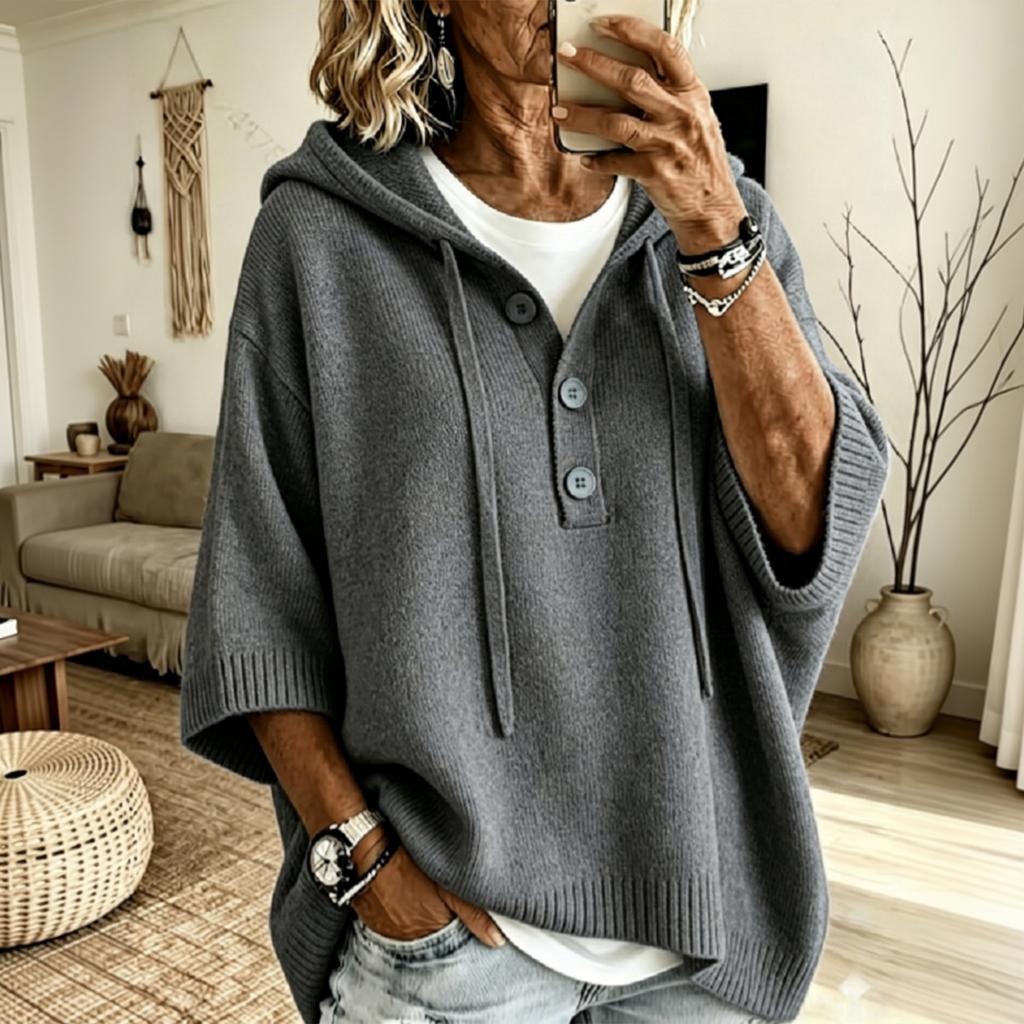 Maglione Casual da Donna con Cappuccio, Manica a Tre Quarti, Coulisse, Bottoni, Vestibilità Larga