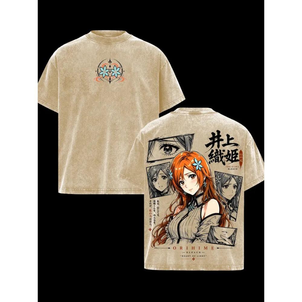 Manga BLEACH Inoue Orihime Kawaii Printed Tee Men Women Short Sleeve Clothing Washed Cotton T-shirt Casual Oversized T Shirt