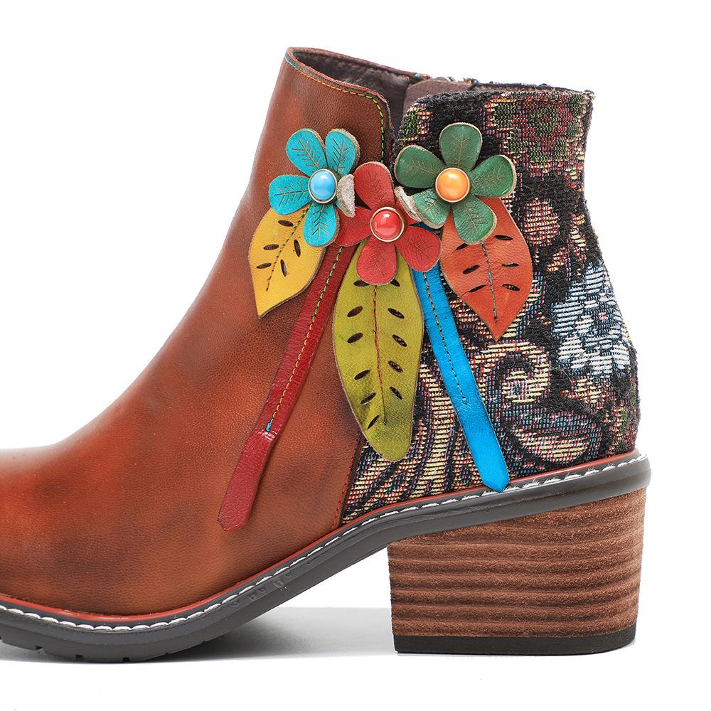 Johnature Genuine Leather Retro Shoes Women Short Boots Round Toe Patchwork Handmade Ankle Boots