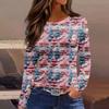 Women's Fashion Casual Slit Hem Round Neck Long Sleeve Loose  Printed T-Shirt Ladies Top