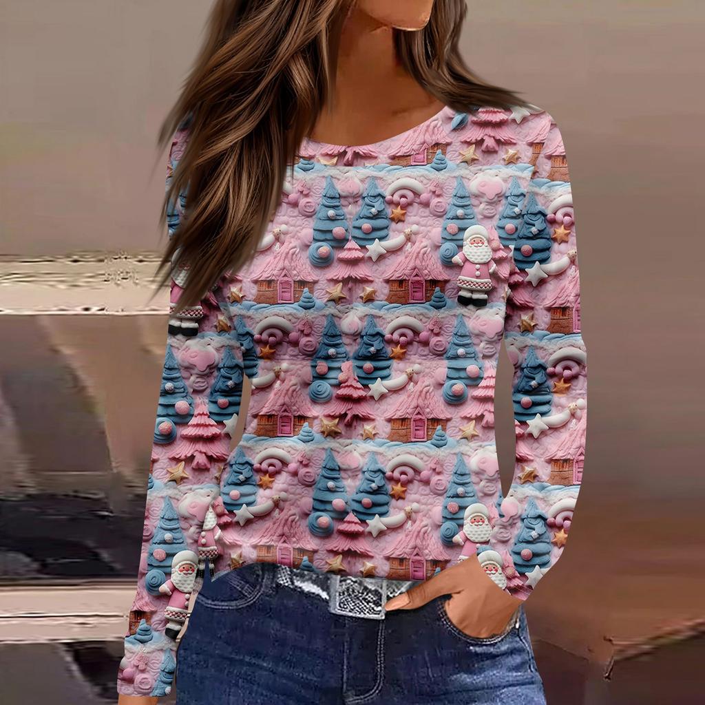 Women's Fashion Casual Slit Hem Round Neck Long Sleeve Loose  Printed T-Shirt Ladies Top