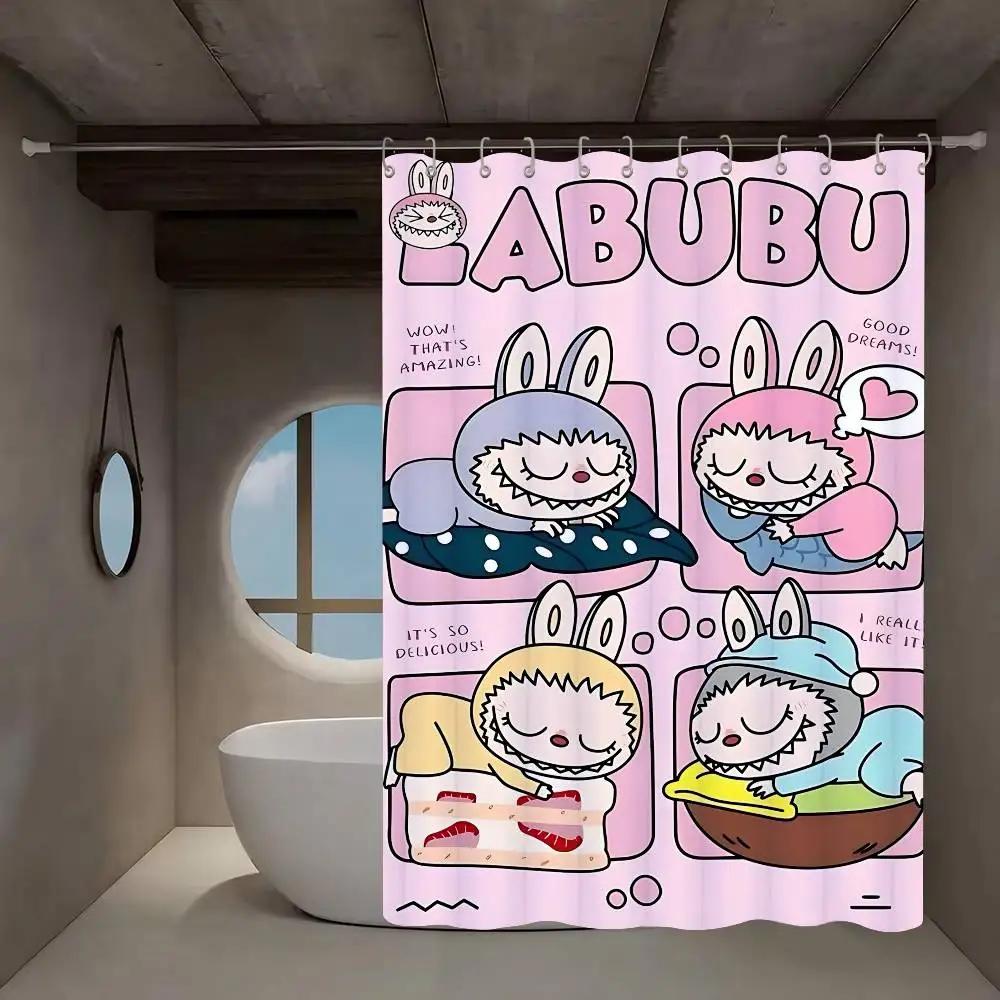 Cute L-labubu Cartoon Shower Curtain Bath Curtain Print Polyester Fabric Waterproof Bathroom Curtains With Hooks Bath Screen