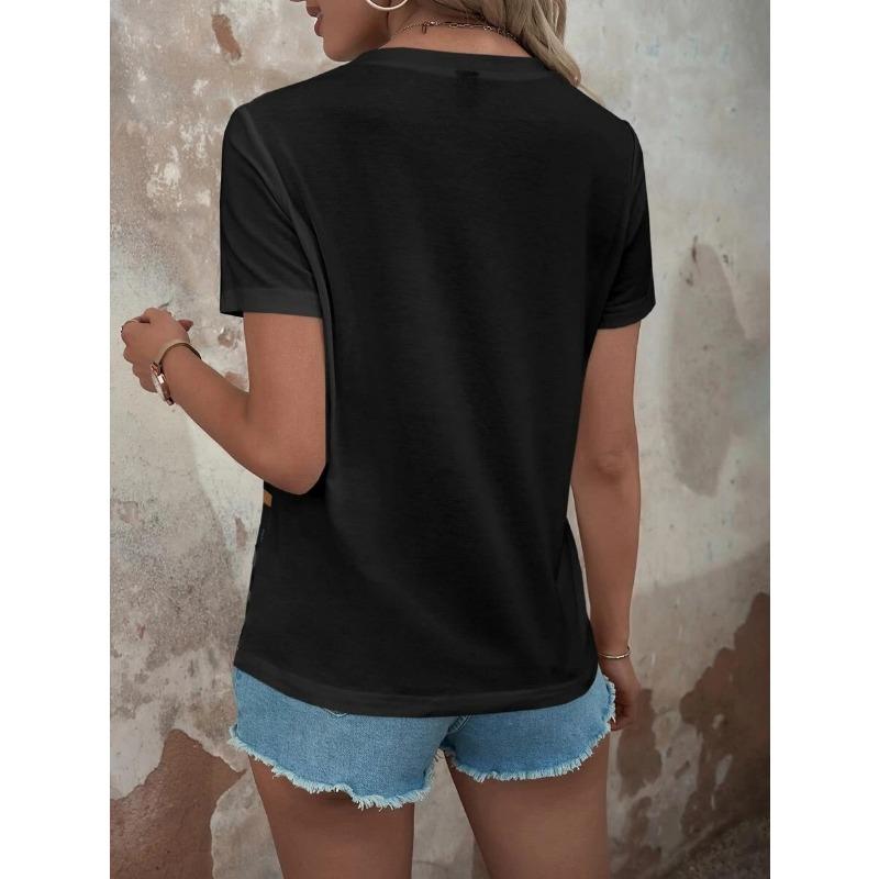 Women's Summer Striped Printed Patchwork Button Short Sleeved Casual Top for Women T-Shirts