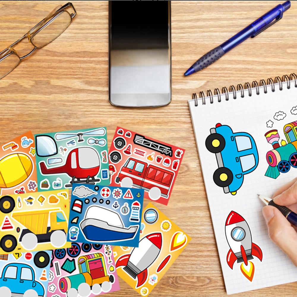8/16Sheets Transportation Vehicles Puzzle Stickers Rocket Plane Make a Face Decals DIY Luggage Scrapbook Assemble Jigsaw Sticker