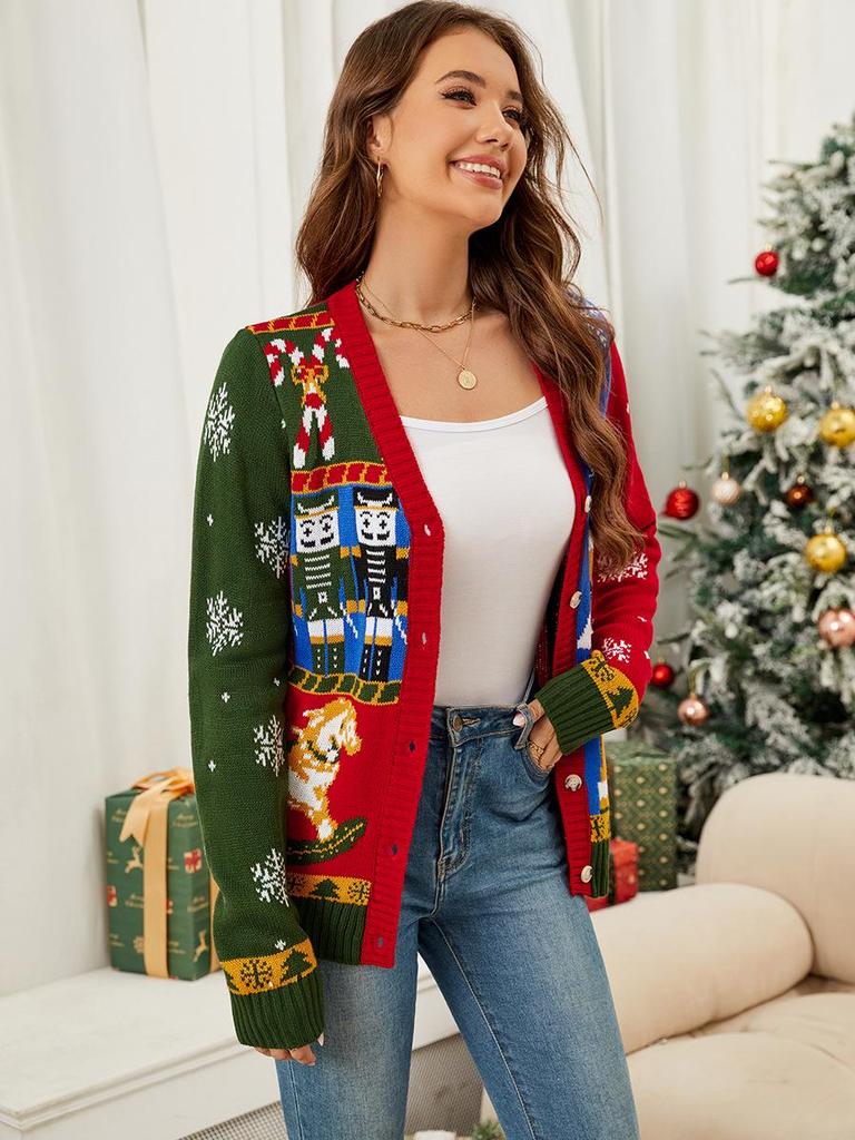 Hot-Selling Autumn/Winter Long Sleeve Color Block Jacquard Christmas Cardigan 