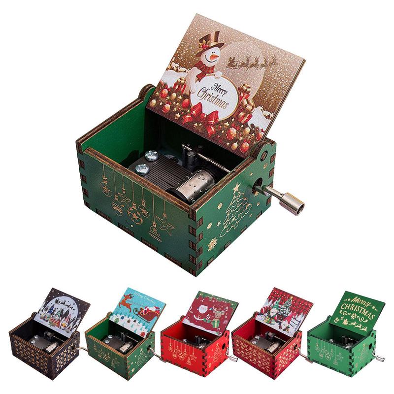 Christmas Theme Music Box Vintage Wooden Hand-cranked Music Toy Holiday Gift For Homes Dorms Living Rooms Bedrooms Decorations