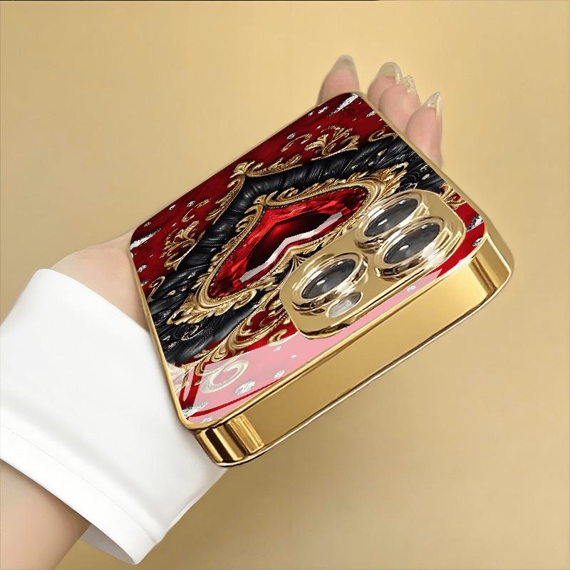 Złoty Wzór Serca Złoty Metaliczny Lakier Hartowane Szkło Etui na Telefon Dla iPhone 11 12 13 14 15 16 17 Pro Max Plus 17 Air 16E Pokrowiec