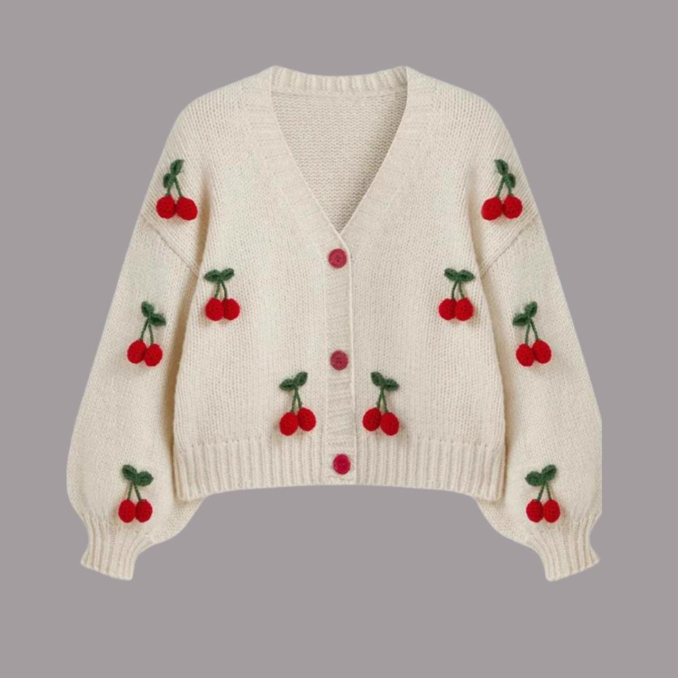 Autumn and Winter V-neck Sweater Versatile Cardigan Loose Trend Cherry Decoration Single-breasted Knitted Jacket Top Women