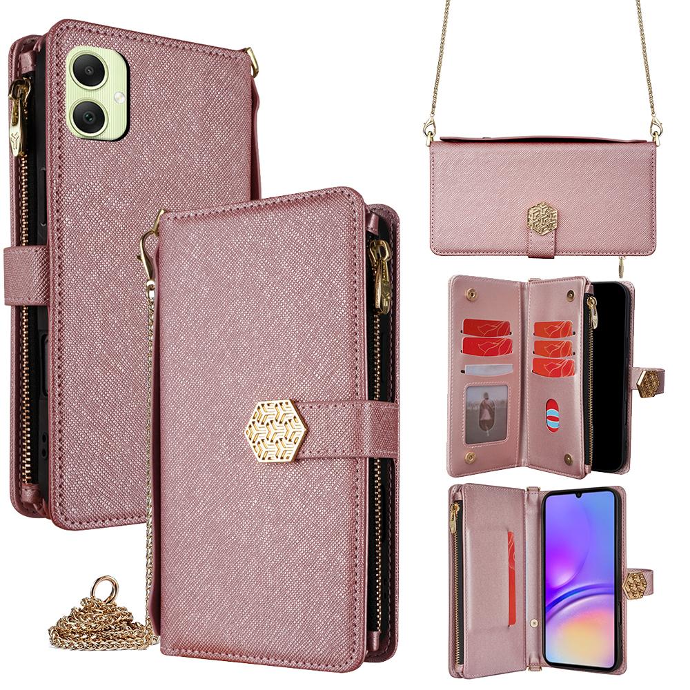 

For Samsung Galaxy A05 4G Case Cross Texture PU Leather+TPU Wallet Phone Cover with Strap Rose Gold
