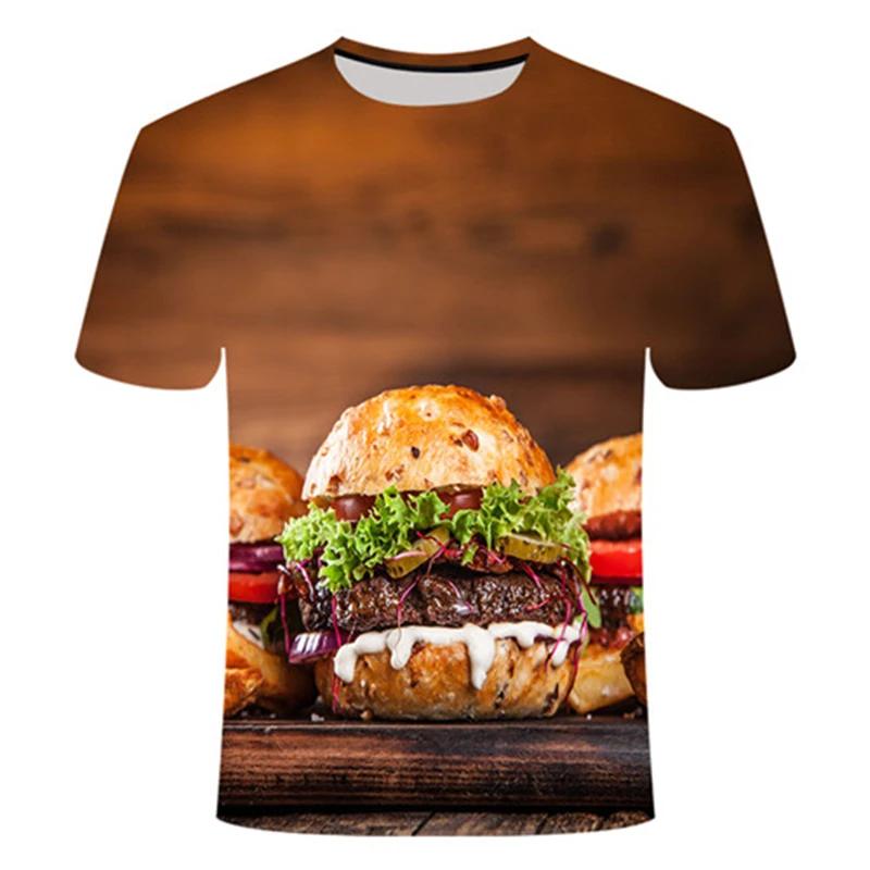 Summer Round Neck 3D Burger Print Top Fashionable Casual Fun Short Sleeved Men's and  Women's Unisex T-shirts