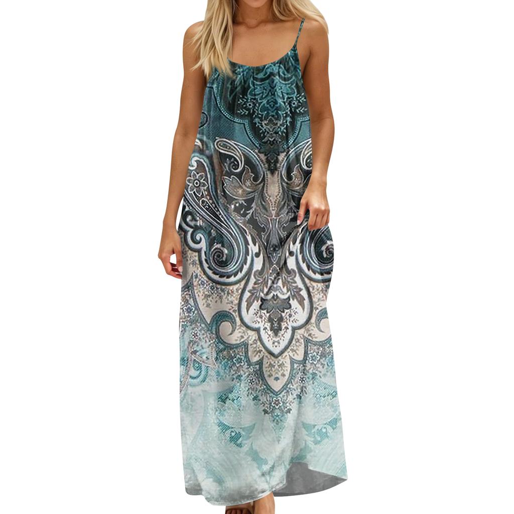 Damenmode Rückenfreies Spaghettiträger Lässiges Lockeres Vintage-Print-Kleid