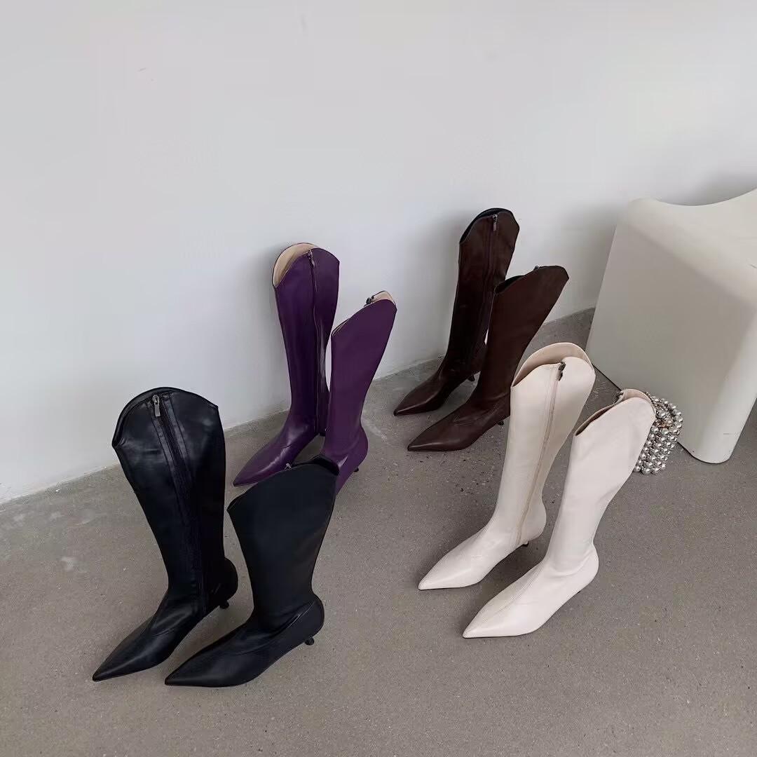 

2025 autumn European and American fashion tall tube high heel side zipper but knee pointed knight thin women s boots 39 бежевий