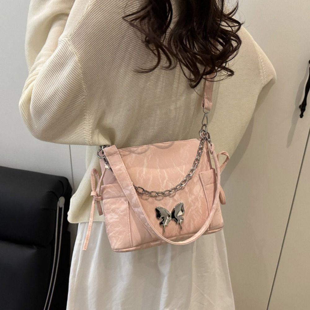 Pearls Chain Drawstring Shoulder Bag Butterfly Decor Girls Crossbody Bag Women