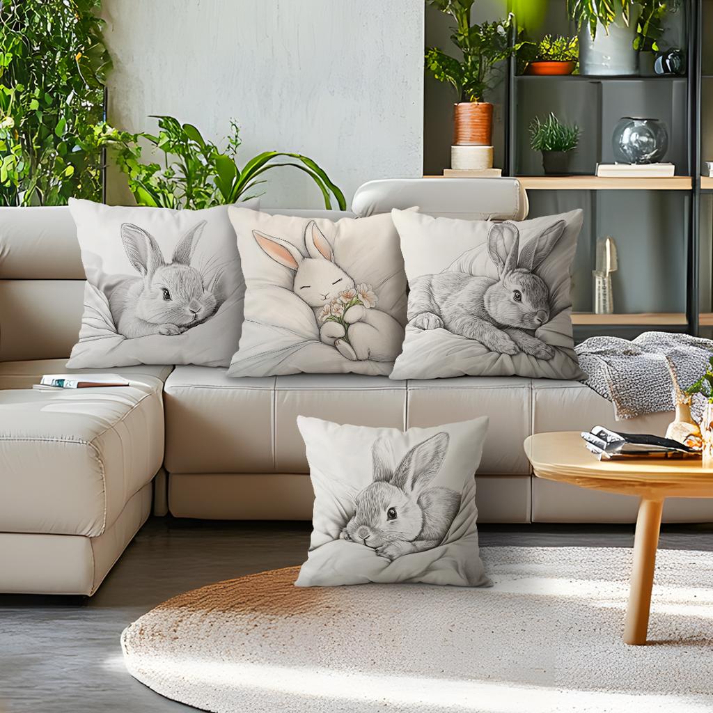 Cute Bunny Sketch Cushions Pillowcase Polyester Cushion Cover Throw Pillow Pillowcover Home Car Sofa Decor