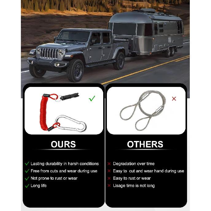 6FT Breakaway Trailer Cable, Trailer Brake Cable Stainless Steel Spring Safety Towing Coiled Wire with Pin, Emergency Brake Cable Strap Ground Clip