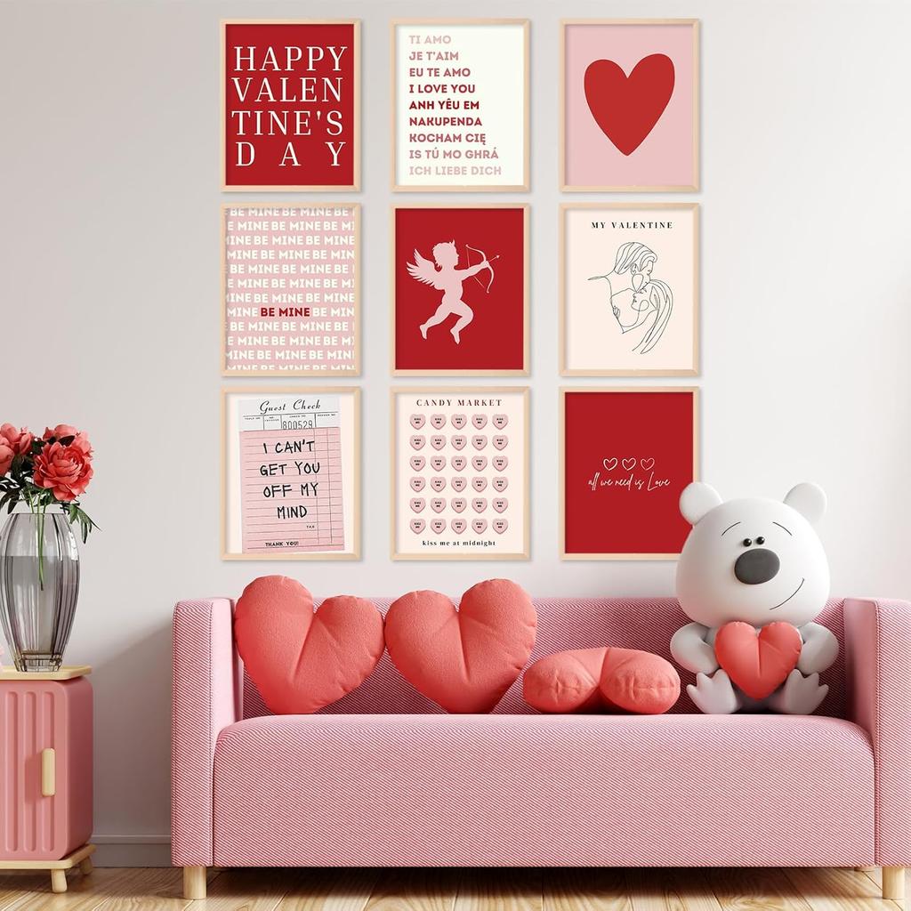 Whaline 12Pcs Valentine's Day Wall Art Prints Retro Romantic Love Heart Cupid Art Poster Red Pink Wall Decor For Wedding Home Living Room Bedroom,