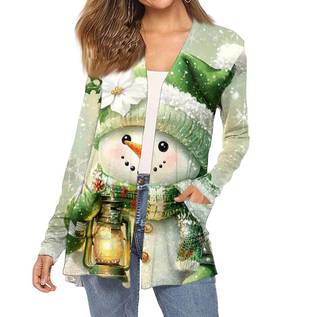 Women's Fashion Christmas Print Long-Sleeved Pocketed Slim-Fit Cardigan Coat