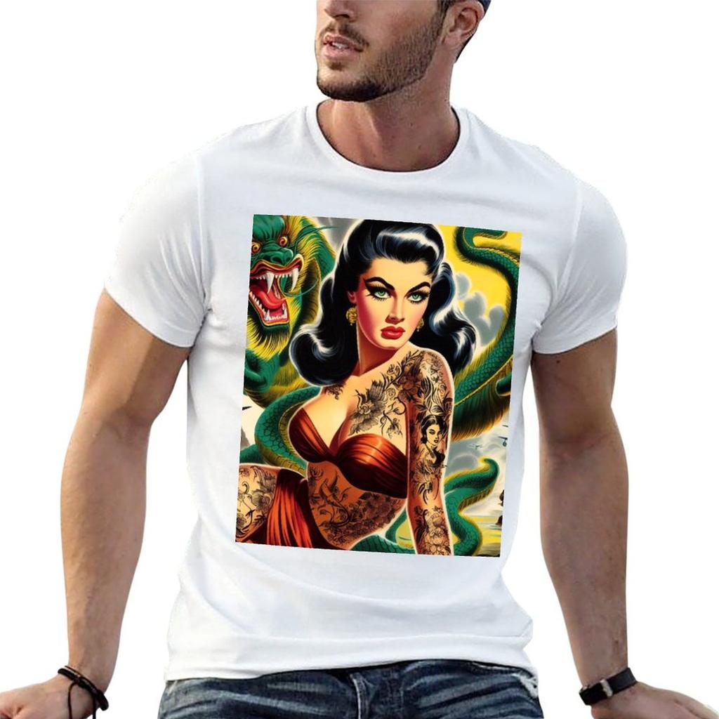 Retro Dragon Tattoo Girl TShirt Simple Casual Short Sleeve Tee