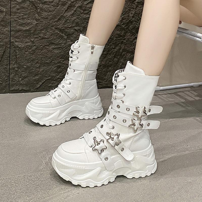 Fashion 8CM Women Chunky Mid-Calf Boots New Autumn Canvas High Platform Round Toe Buckle Ladies Shoes Motorcycle Boots Winter Sneakers