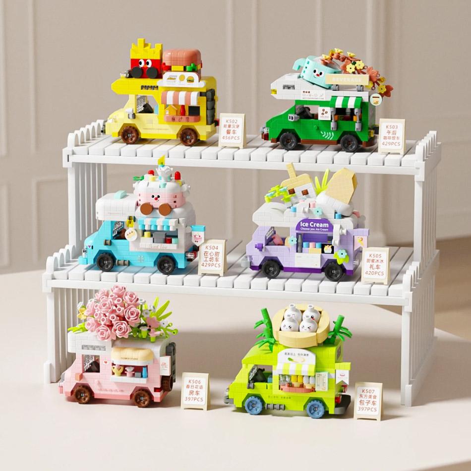 Popular Diy  Car Food Truck Fruit Ice Cream Store Flower Street View Construction Blocks Kit Girls Blocks Model Kids Plaything Children