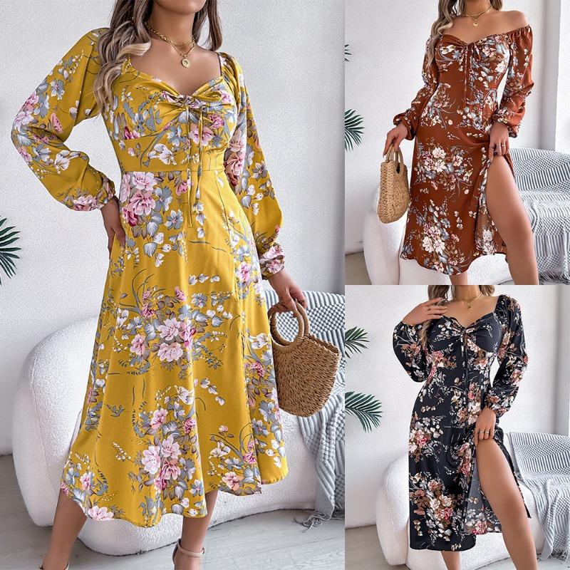 Rochie de damă sexy de primăvară-vară cu șireturi, cu flori, cu mâneci lungi și crăpătură